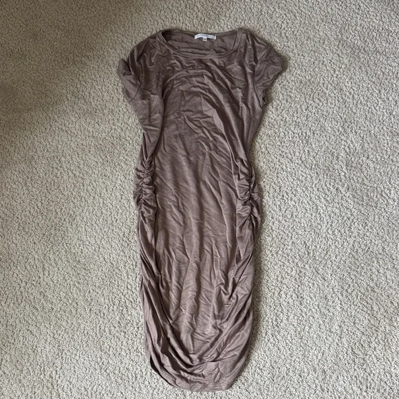 antistar ruched dress Antistar Dress Size Large Soft Jersey Knit Heather Beige Sleeveless Ruched Side